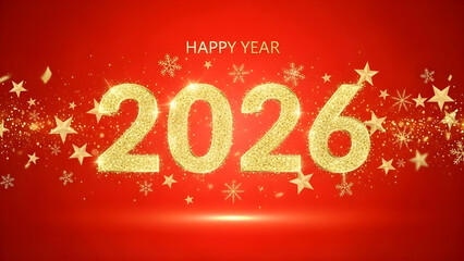 Golden glittery 2026 numbers on red background with stars and snowflakes
