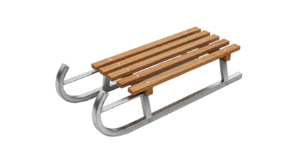 A clean, isolated image of a modern sled featuring warm wooden slats and sleek silver metal runners, perfect for winter or holiday themes.