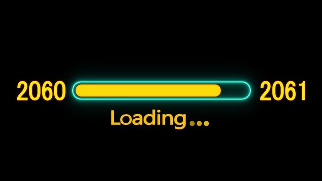 Loading bar animation with year transition 2060 to 2061. New year 2061 loading bar animation. digital loading screen with glowing progress bar and years counter animation with year change