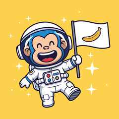 Happy cartoon astronaut monkey holding a flag with a banana