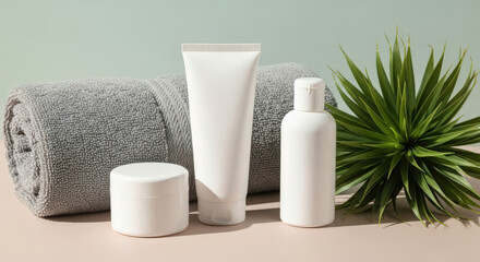 Naklejka premium Elevate Your Self Care Rituals with Luxurious Spa Essentials A Serene Still Life of Beauty Products and a Soft Towel for a Relaxing and Pampering Experience