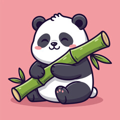 Cute cartoon panda hugging bamboo branch with closed eyes