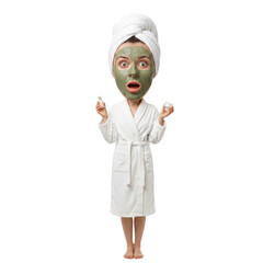 Funny Caricature of Surprised Woman with Big Head Wearing Green Face Mask and Bathrobe Holding Skincare Products