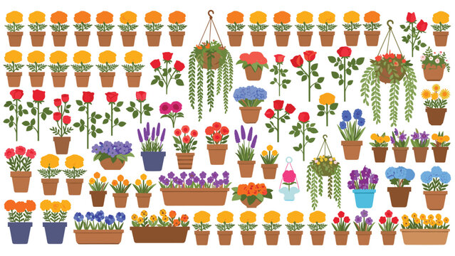 Massive collection of various garden flowers in pots, planters, and hanging baskets, creating a beautiful and diverse floral set.