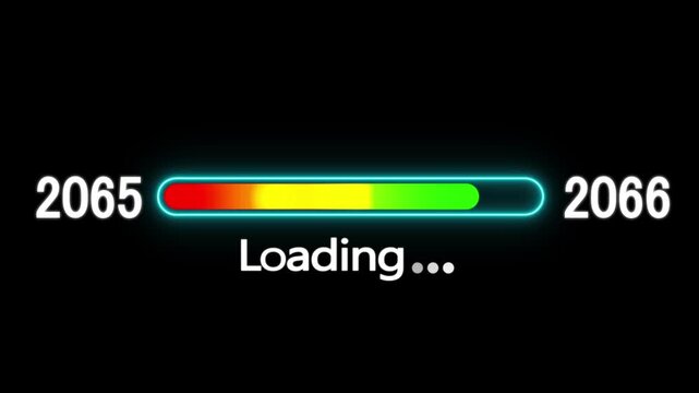 Loading bar animation with year transition 2065 to 2066. New year 2066 loading bar animation. digital loading screen with glowing progress bar and years counter animation with year change.