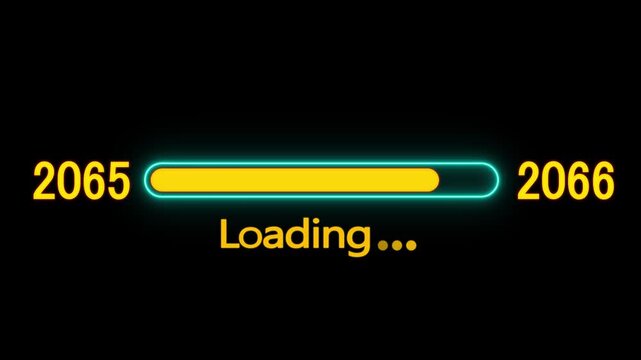 Loading bar animation with year transition 2065 to 2066. New year 2066 loading bar animation. digital loading screen with glowing progress bar and years counter animation with year change.