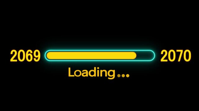 Loading bar animation with year transition 2069 to 2070. New year 2070 loading bar animation. digital loading screen with glowing progress bar and years counter animation with year change