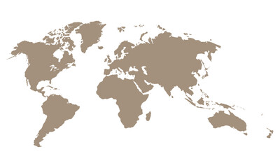 Brown world map silhouette illustration showing global continents for geography, travel, education, or infographic design