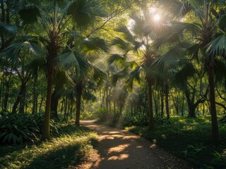 Naklejka premium Sunlit jungle path lined with palm trees and lush green foliage