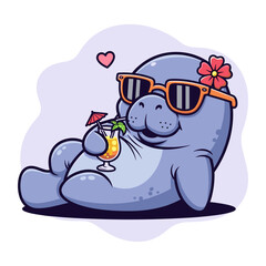 Cute manatee relaxing with a tropical cocktail and sunglasses