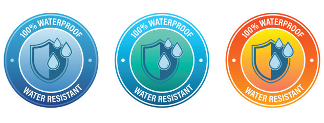 100% Waterproof guarantee labels with water drop and shield symbol. protection badges set