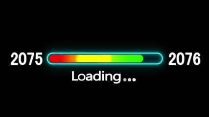 Loading bar animation with year transition 2075 to 2076. New year 2076 loading bar animation. digital loading screen with glowing progress bar and years counter animation with year change