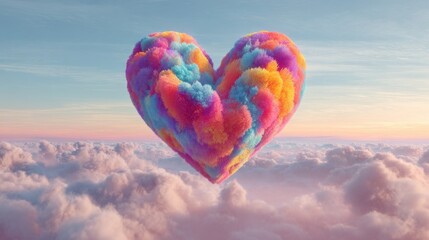 Colorful Heart Shape Made of Soft Clouds Floating in a Bright Sky Over Serene Cotton Candy Clouds at Sunset