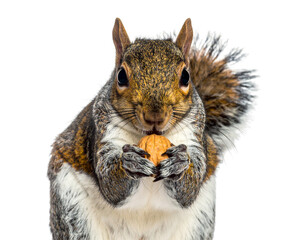 Obraz premium Close-Up Grey Squirrel Holding and Eating Nut, Front View, Isolated PNG (2)