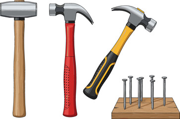 A Detailed Vector Illustration Showcasing a Collection of Essential Hammer Types, Including Sledge, Claw, and Ball-Peen, Paired with Nails and Wood Plank, Perfect for Construction, Carpentry, and DIY 
