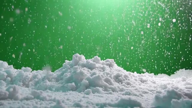 Winter snowfall with snowflakes falling over a snow pile on a green screen chroma key background for video effects