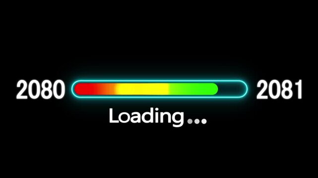 Loading bar animation with year transition 2080 to 2081. New year 2081 loading bar animation. digital loading screen with glowing progress bar and years counter animation with year change.