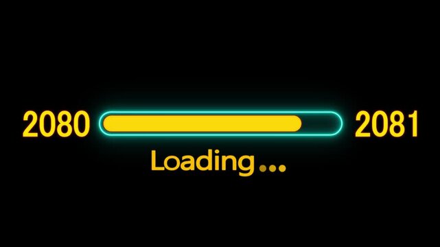 Loading bar animation with year transition 2080 to 2081. New year 2081 loading bar animation. digital loading screen with glowing progress bar and years counter animation with year change. 