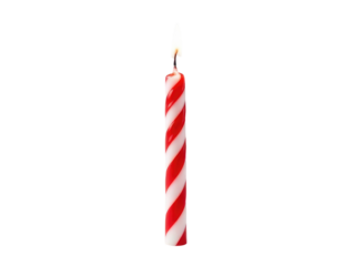 A single red and white striped candle on a white background, perfect for decorative purposes or as a symbol of warmth and coziness