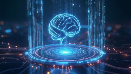 A glowing artificial intelligence brain hologram floats above a digital interface creating advanced futuristic technology motion visuals. - Powered by Adobe