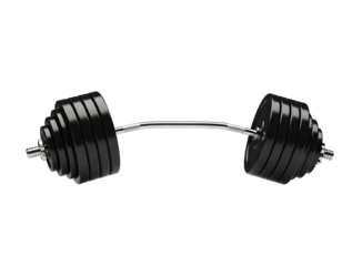 A dumbbell with multiple black weight plates on a transparent background