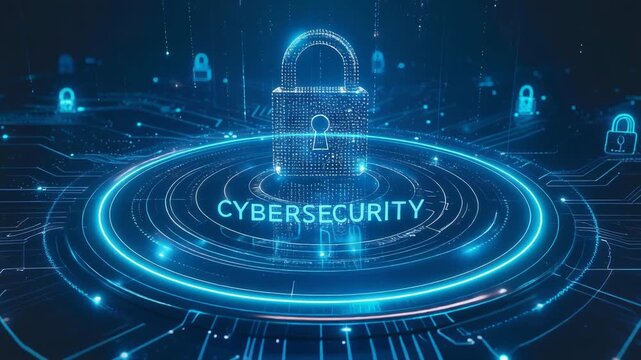 A glowing digital lock represents cybersecurity protection on a futuristic network interface creating secure technology motion visuals.