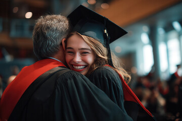 Obraz premium Graduation ceremony in a large hall with smiling students and proud parents embracing each other during the celebration