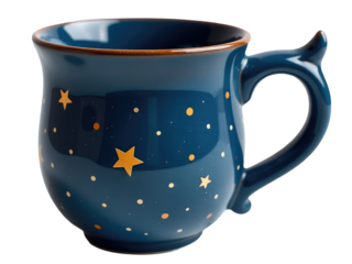 A blue mug featuring gold star design, perfect for coffee or tea lovers