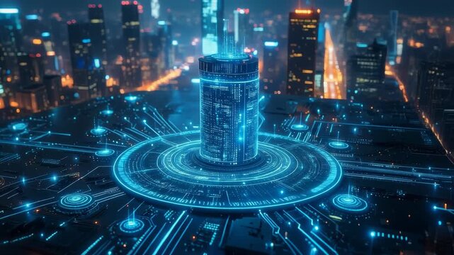 A futuristic data center tower glows with digital circuits above a smart city skyline creating advanced technology infrastructure motion.
