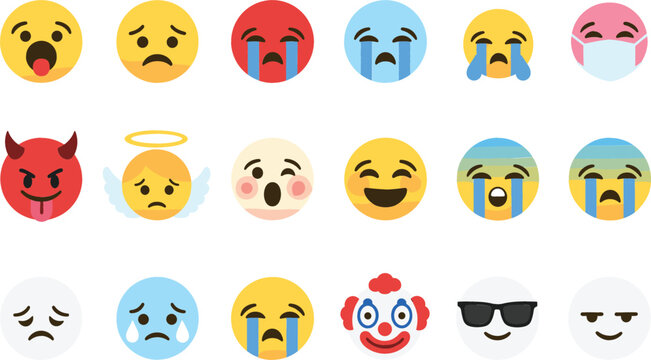 Diverse Set of Cute Modern Emoji Faces Vector Collection Expressing Various Human Emotions Including Sadness, Crying, Shock, Devil, Angel, and Clown for Digital Communication and Social Media Interfac