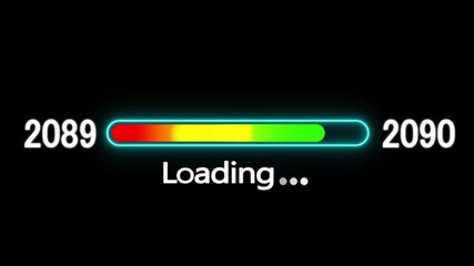 Loading bar animation with year transition 2089 to 2090. New year 2090 loading bar animation. digital loading screen with glowing progress bar and years counter animation with year change.