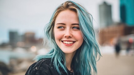 Young woman with blue hair smiling outdoors against urban backdrop and cloudy sky in a vibrant city setting