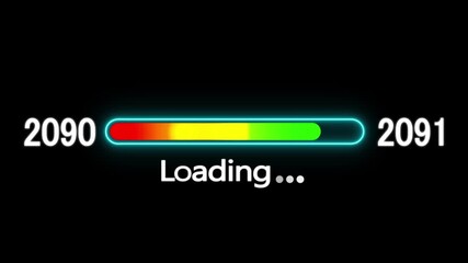 Loading bar animation with year transition 2090 to 2091. New year 2091 loading bar animation. digital loading screen with glowing progress bar and years counter animation with year change.