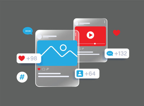 social media post interface with photo and video content engagement metrics including likes comments followers and hashtags in modern flat design on dark background for marketing and analytics