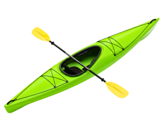 A bright green kayak with a black seat and yellow paddle on transparent background