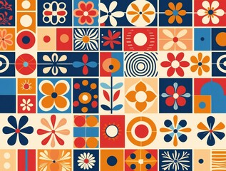 Vibrant retro geometric floral pattern collage with mid century modern design