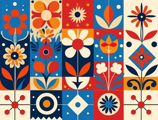 Vibrant mid century modern floral pattern with geometric elements