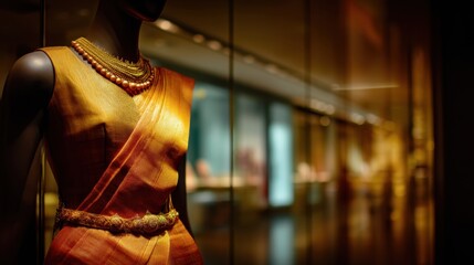 Elegant Golden Saree Displayed on Mannequin in a Luxurious Boutique Setting with Soft Lighting and Chic Background