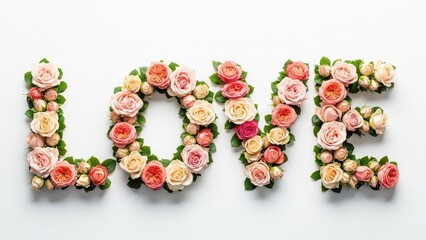The word love spelled out with vibrant pink and peach roses on a white background