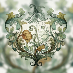 Art Nouveau floral ornament with poppies and leaves in muted colors.