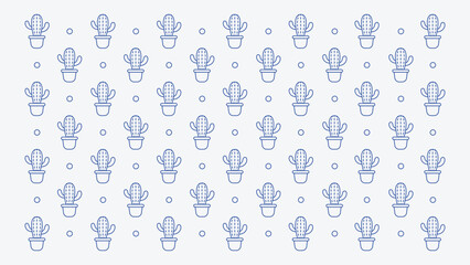 Simple Blue Cactus Seamless Pattern Background with Repeating Small Cactus Line Art Illustration, Minimal Botanical Design for Wallpaper