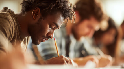 Students engaged in writing and taking notes in a classroom setting