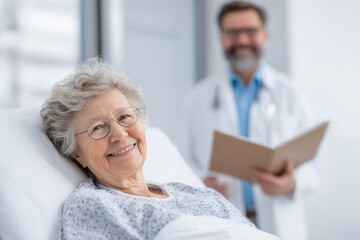 Doctor visits smiling patient in hospital room during a regular check-up in the morning