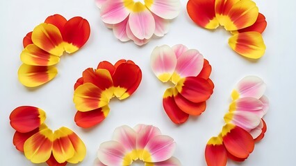 Colorful tulip petal arrangement displays vibrant floral beauty on white