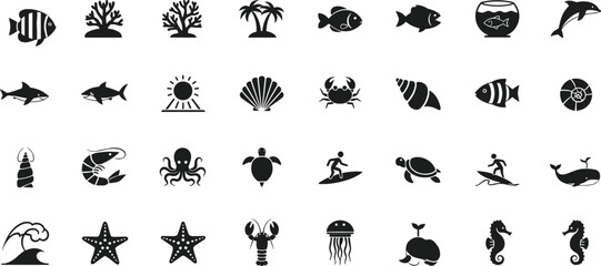 Ocean marine life silhouettes with tropical beach elements including fish, dolphins, palm trees, waves, shells, crabs, turtles, and surfers vector illustration