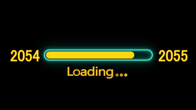Loading bar animation with year transition 2054 to 2055. New year 2055 loading bar animation. digital loading screen with glowing progress bar and years counter animation with year change.
