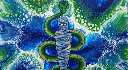 Mysterious wrapped snake on vibrant blue green background
