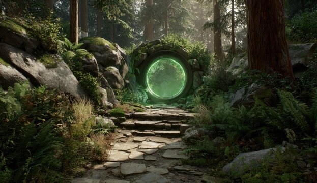 Stone pathway leads to a glowing portal within lush, green forest with sunlight filtering