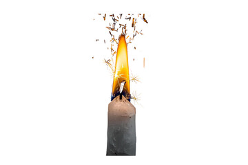 burning cylindrical candle emitting bright yellow sparks and a tall, lively flame, no background svg