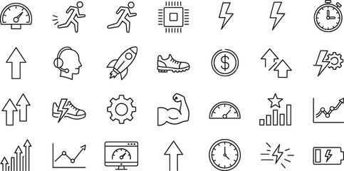 Performance speed efficiency icons set for business, fitness, technology, growth, productivity, metrics, energy, innovation, and digital transformation concepts.